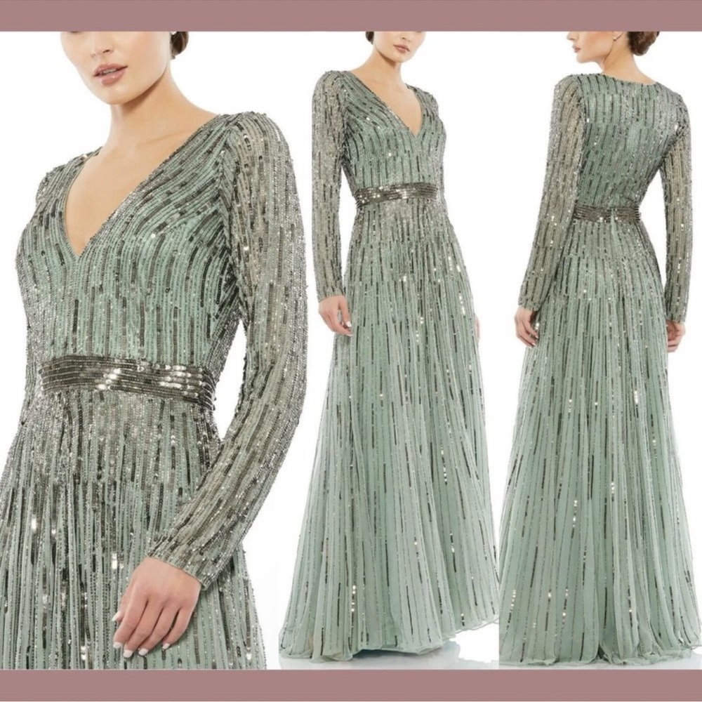 Mac Duggal Sage Green Long-Sleeve Sequin Evening Gown